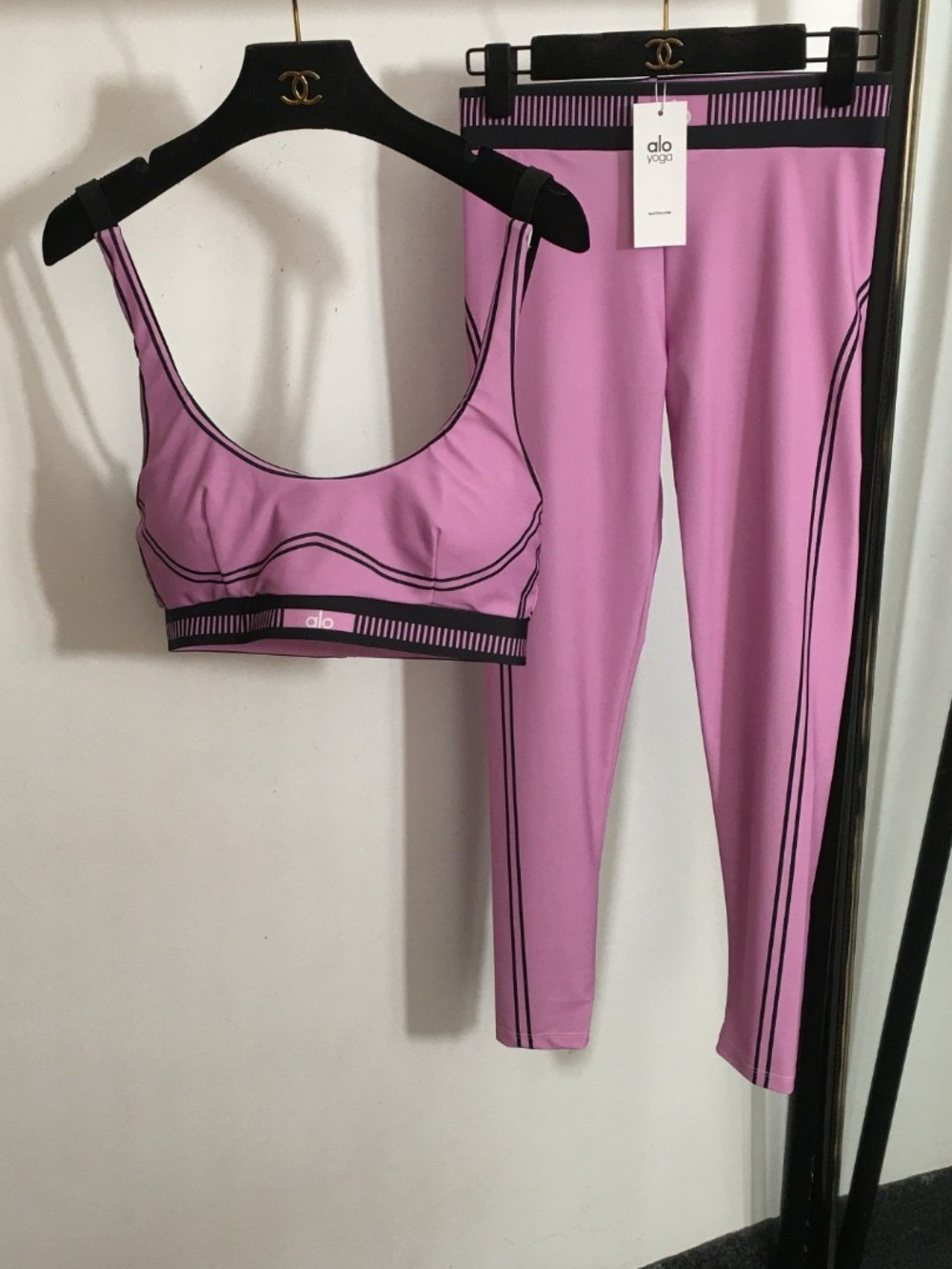 ALO Yoga Pink Sports Bra and Legging Set with Black Contrast Seams